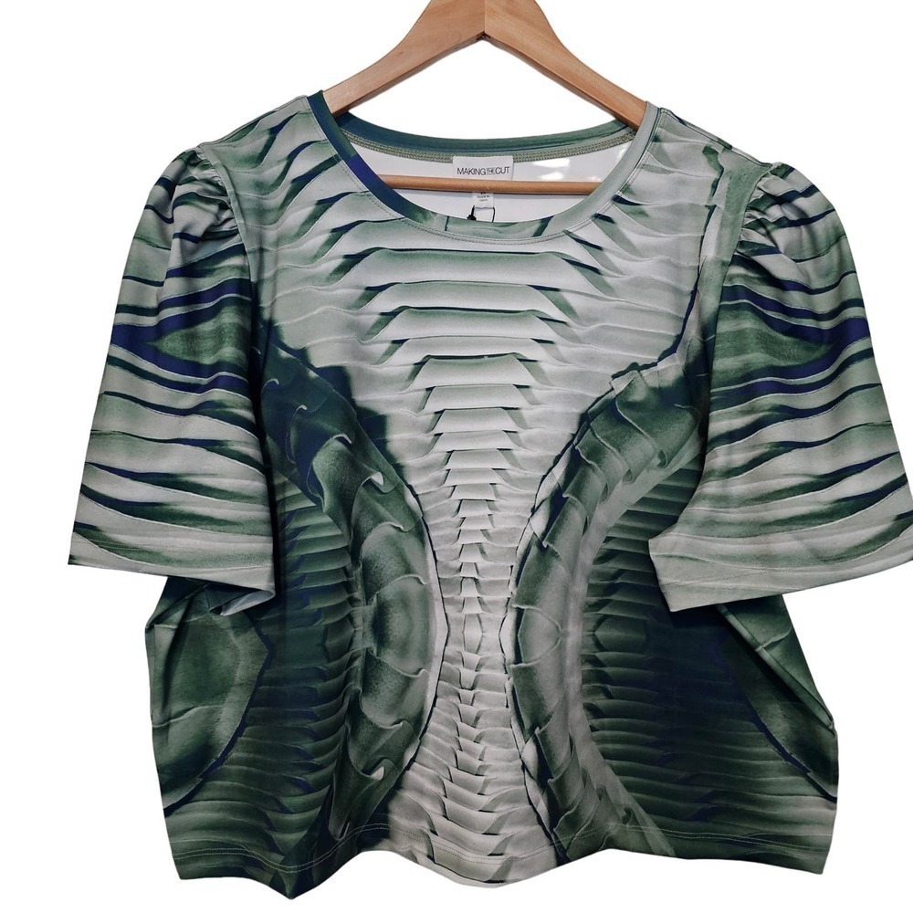 Making the Cut Puff Sleeve Blouse Womens 2X Green Skeleton Crop Top Stretch B
